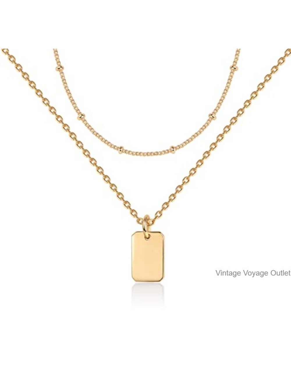 14K Gold Plated Layered Chain Necklace with Dog Tag Pendant